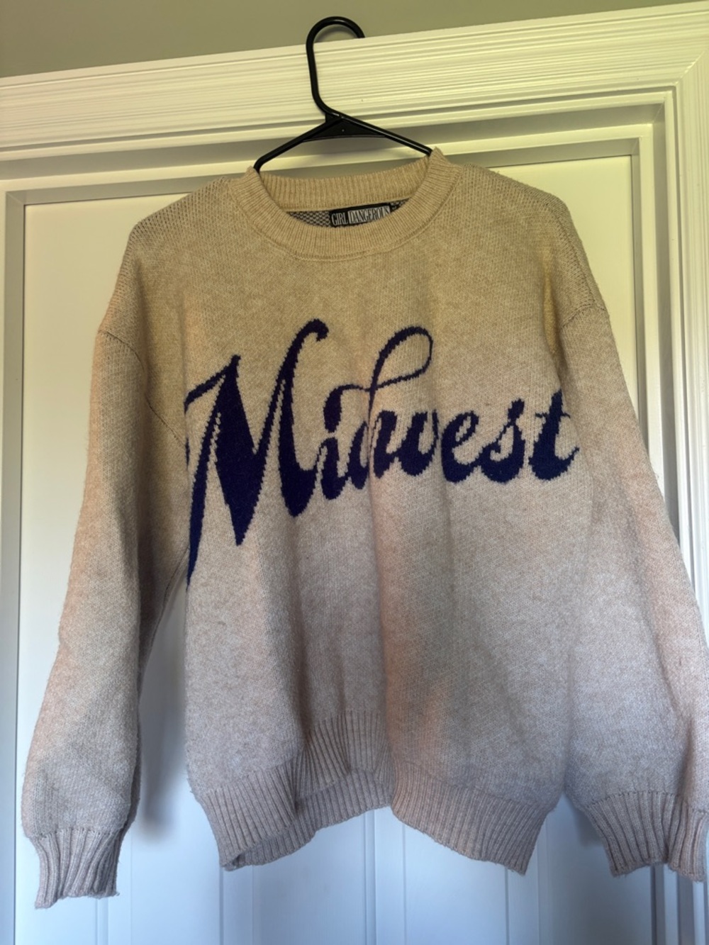 “Midwest” Script Crewneck Sweater - Beige with Navy Script